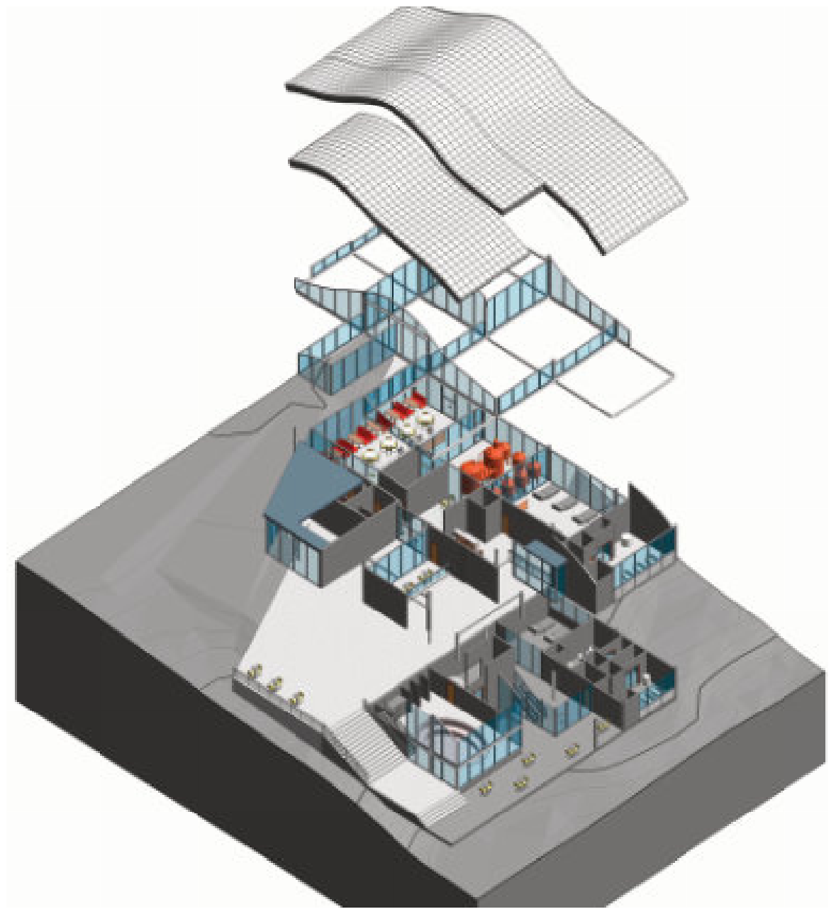 Exploded axonometric of the wave-like roof structure