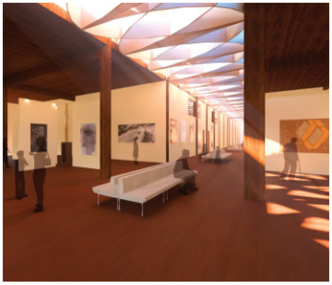 Entry procession through gallery and event space, east porch entry promenade