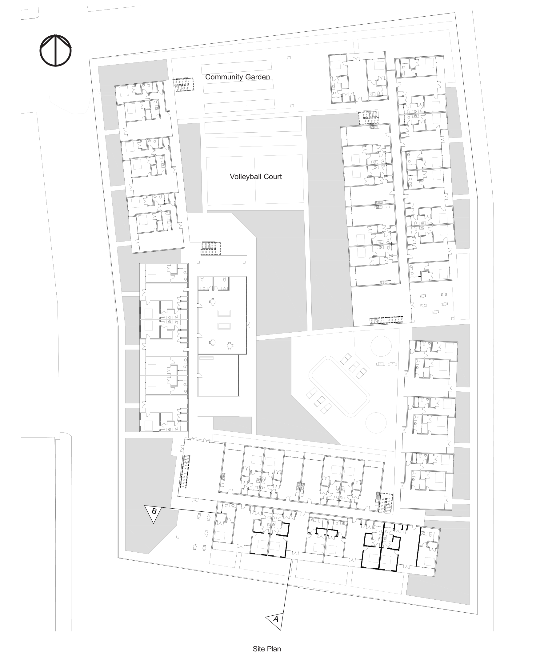 Site plan with community garden and volleyball court